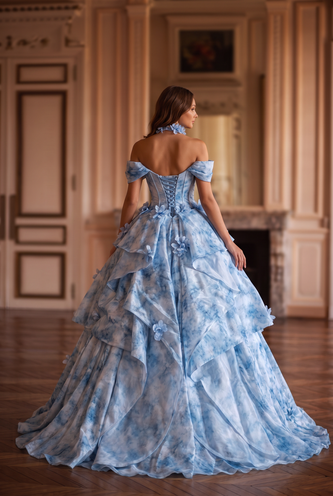 Blue Floral Ball Gown Evening Dress with Off-the-Shoulder Corset Plus Size
