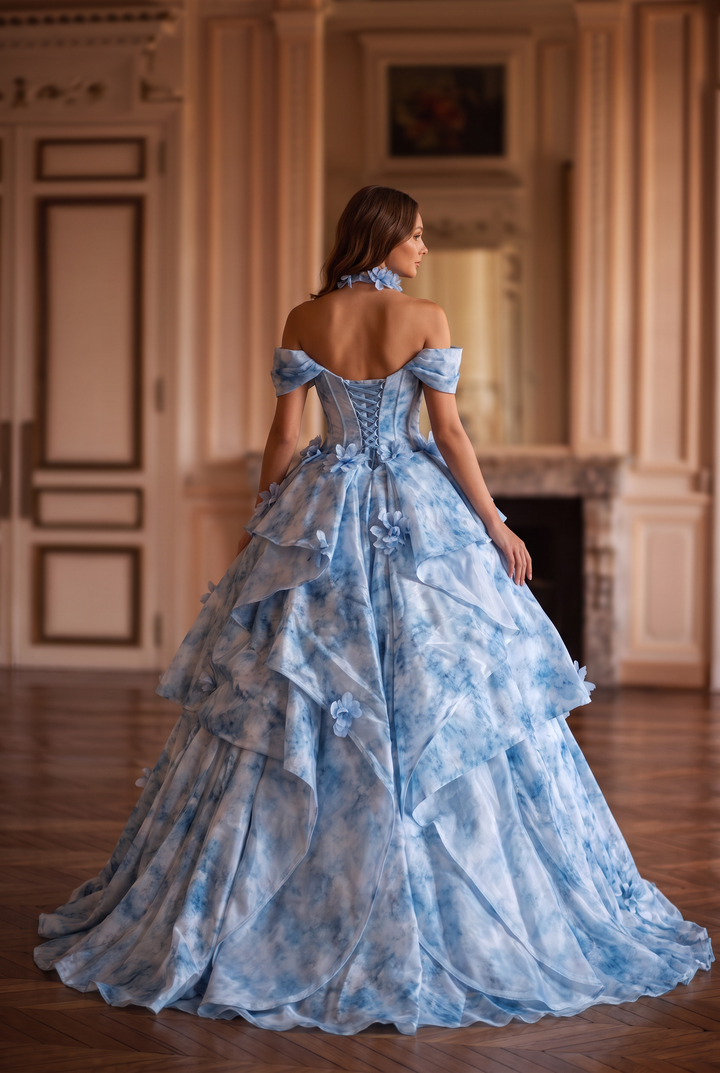 Blue Floral Ball Gown Evening Dress with Off-the-Shoulder Corset Plus Size