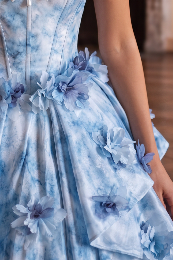 Blue Floral Ball Gown Evening Dress with Off-the-Shoulder Corset Plus Size