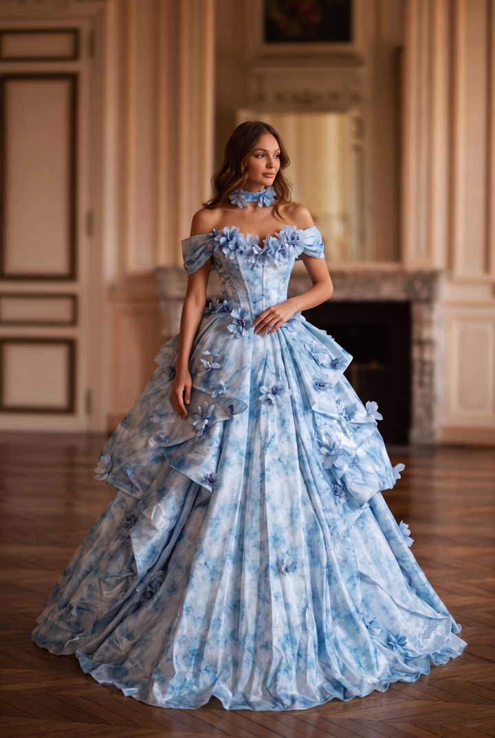 Blue Floral Ball Gown Evening Dress with Off-the-Shoulder Corset Plus Size