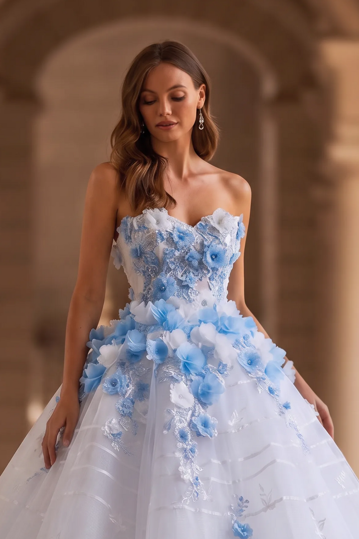 Blue Floral Ball Gown Wedding Dress with 3D Appliqués, Strapless Corset Bodice and Lace-Up Back – Princess Bridal Gown Plus Size