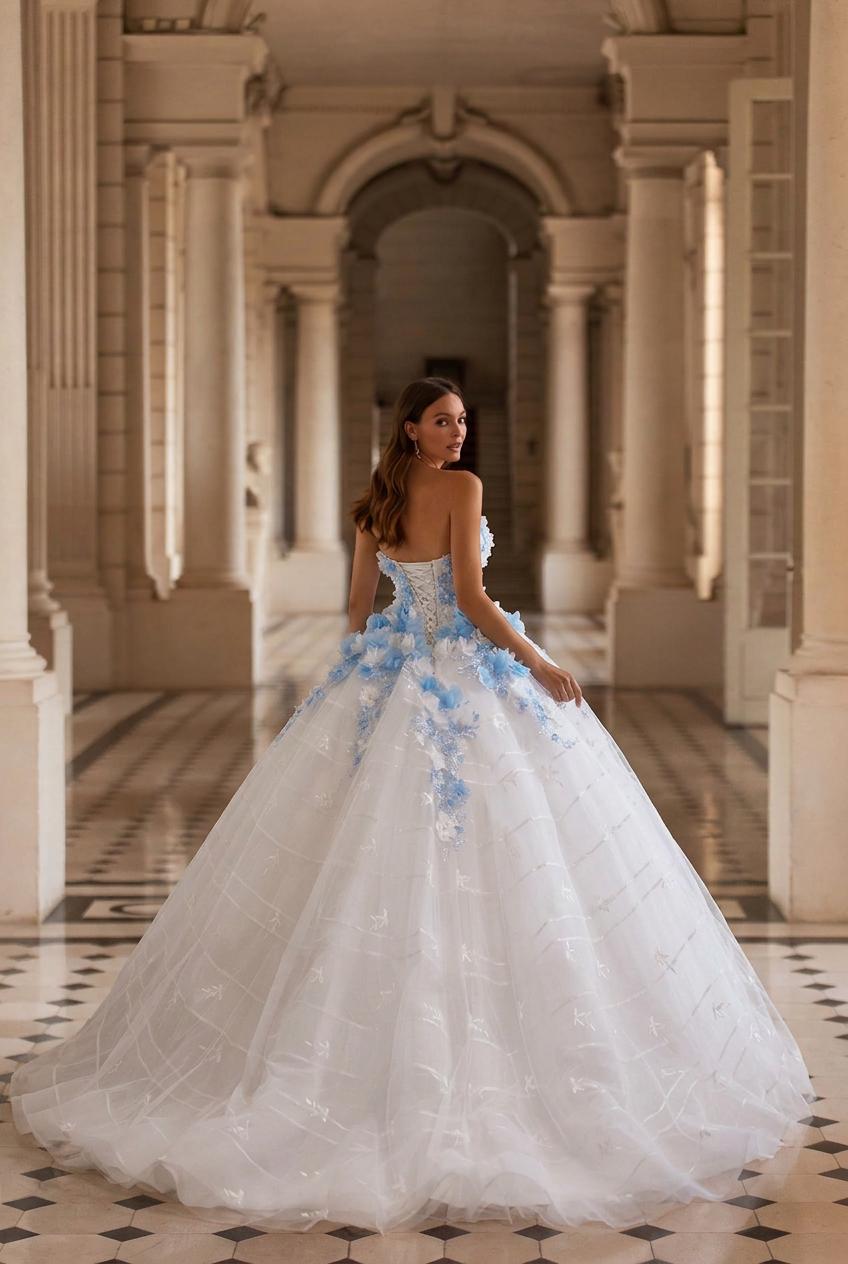 Blue Floral Ball Gown Wedding Dress with 3D Appliqués, Strapless Corset Bodice and Lace-Up Back – Princess Bridal Gown Plus Size
