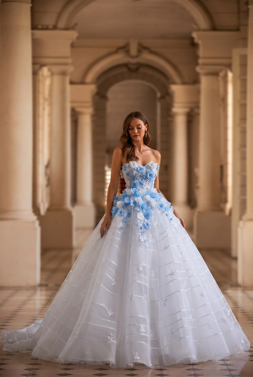 Blue Floral Ball Gown Wedding Dress with 3D Appliqués, Strapless Corset Bodice and Lace-Up Back – Princess Bridal Gown Plus Size