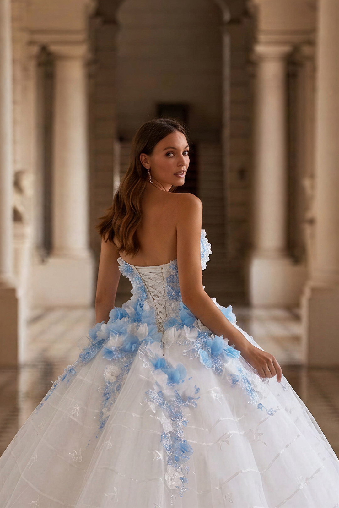 Blue Floral Ball Gown Wedding Dress with 3D Appliqués, Strapless Corset Bodice and Lace-Up Back – Princess Bridal Gown Plus Size