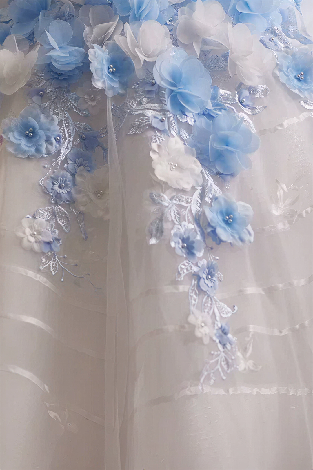 Blue Floral Ball Gown Wedding Dress with 3D Appliqués, Strapless Corset Bodice and Lace-Up Back – Princess Bridal Gown Plus Size