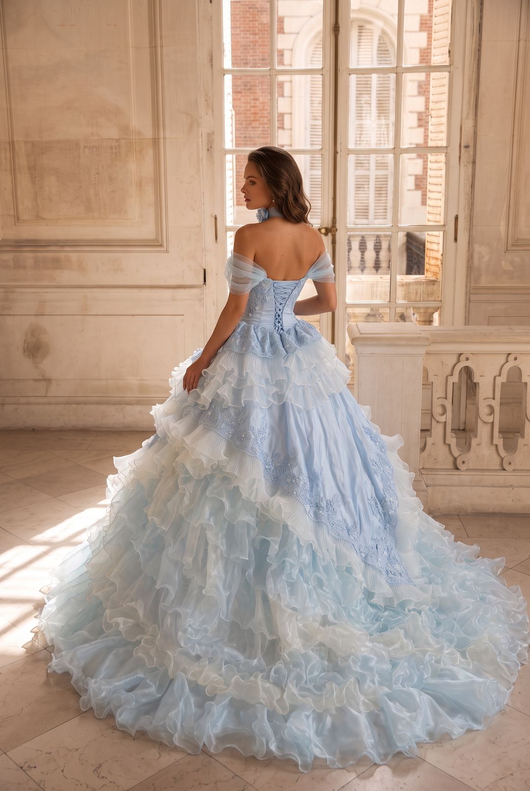 Blue Floral Off the Shoulder Ball Gown Evening Dress with Tiered Ruffles & Lace-Up Back Plus Size