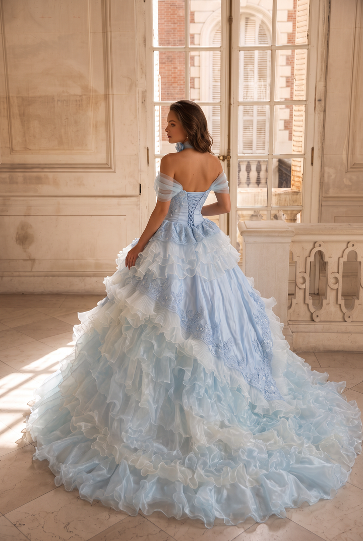 Blue Floral Off the Shoulder Ball Gown Evening Dress with Tiered Ruffles & Lace-Up Back Plus Size