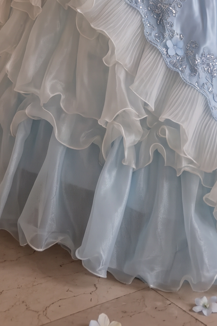 Blue Floral Off the Shoulder Ball Gown Evening Dress with Tiered Ruffles & Lace-Up Back Plus Size