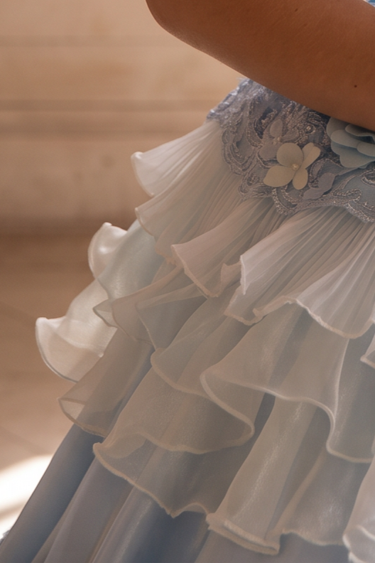 Blue Floral Off the Shoulder Ball Gown Evening Dress with Tiered Ruffles & Lace-Up Back Plus Size