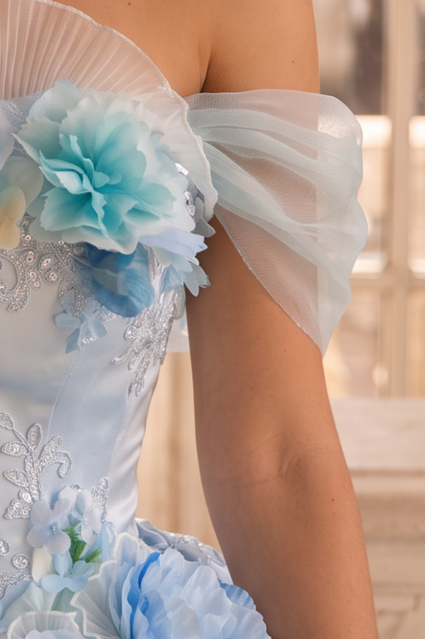 Blue Floral Off the Shoulder Ball Gown Evening Dress with Tiered Ruffles & Lace-Up Back Plus Size