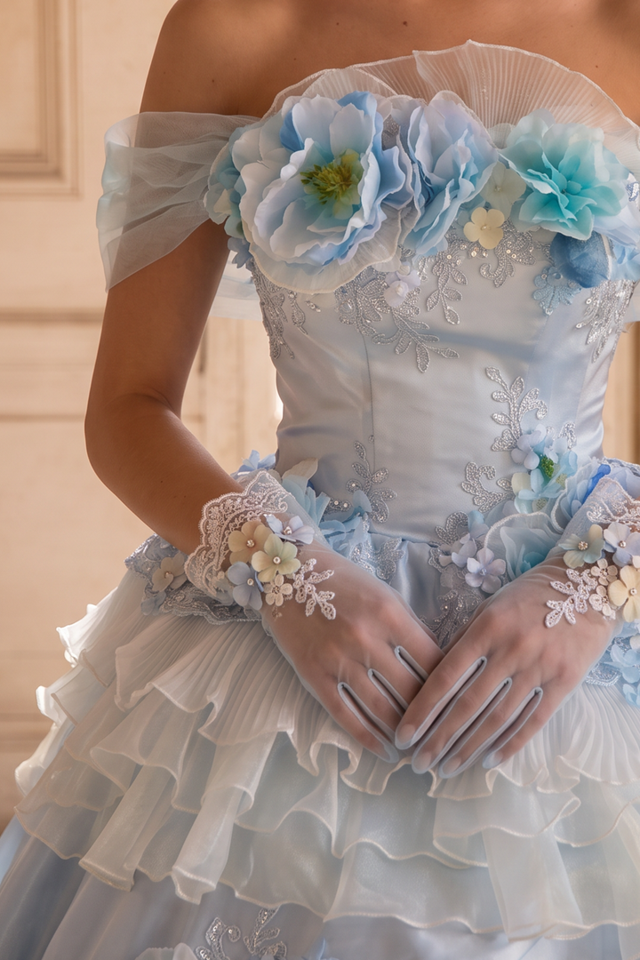 Blue Floral Off the Shoulder Ball Gown Evening Dress with Tiered Ruffles & Lace-Up Back Plus Size