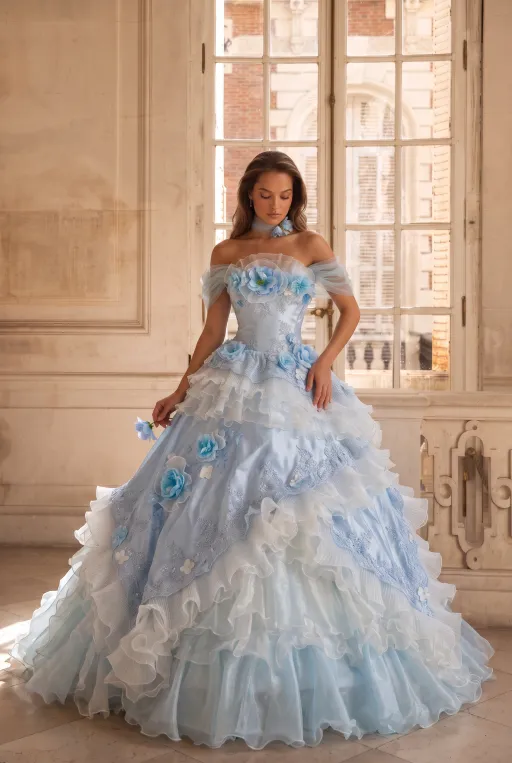 Blue Floral Off the Shoulder Ball Gown Evening Dress with Tiered Ruffles & Lace-Up Back Plus Size