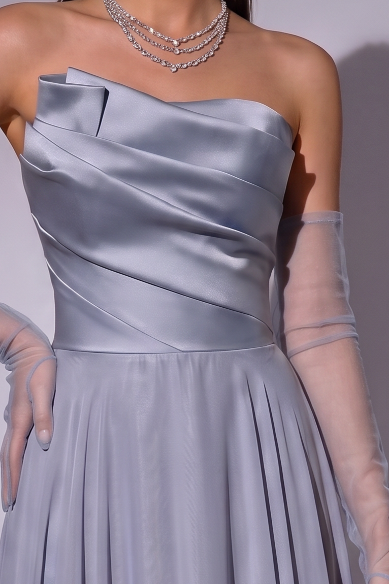 Ice Blue Satin Evening Gown with Strapless Corset Bodice, A-Line Skirt and Detachable Tulle Gloves – Formal Dress Plus Size