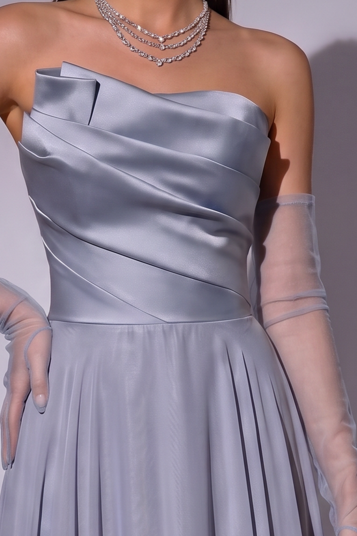 Ice Blue Satin Evening Gown with Strapless Corset Bodice, A-Line Skirt and Detachable Tulle Gloves – Formal Dress Plus Size