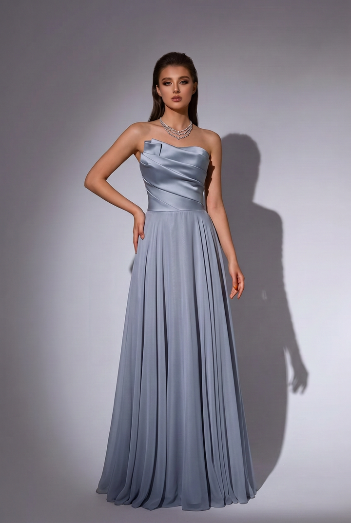 Ice Blue Satin Evening Gown with Strapless Corset Bodice, A-Line Skirt and Detachable Tulle Gloves – Formal Dress Plus Size