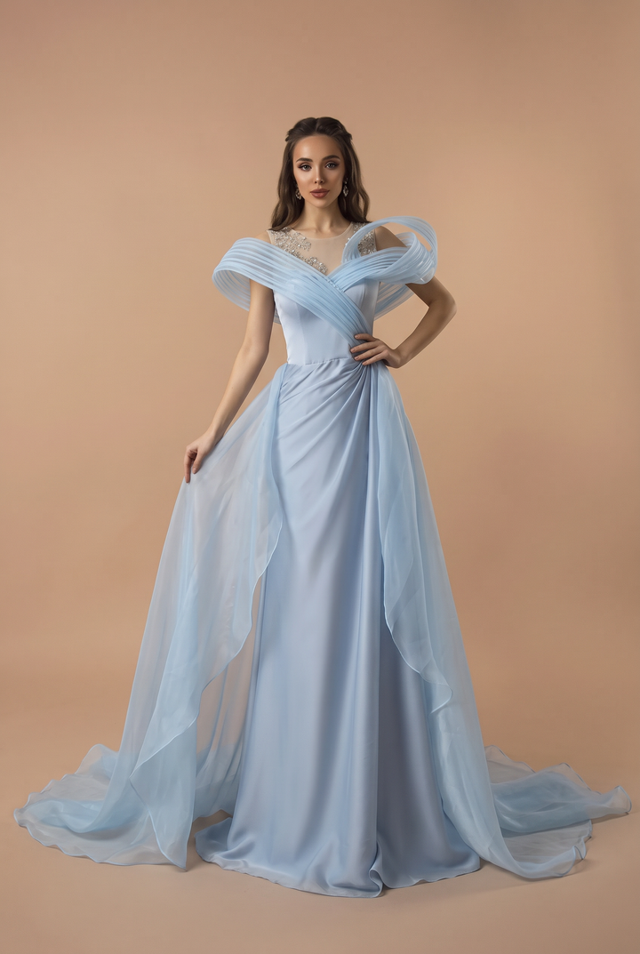 Blue Satin Evening Dress with Draped Off Shoulder Design and Crystal Embellished Ball Gown Plus Size