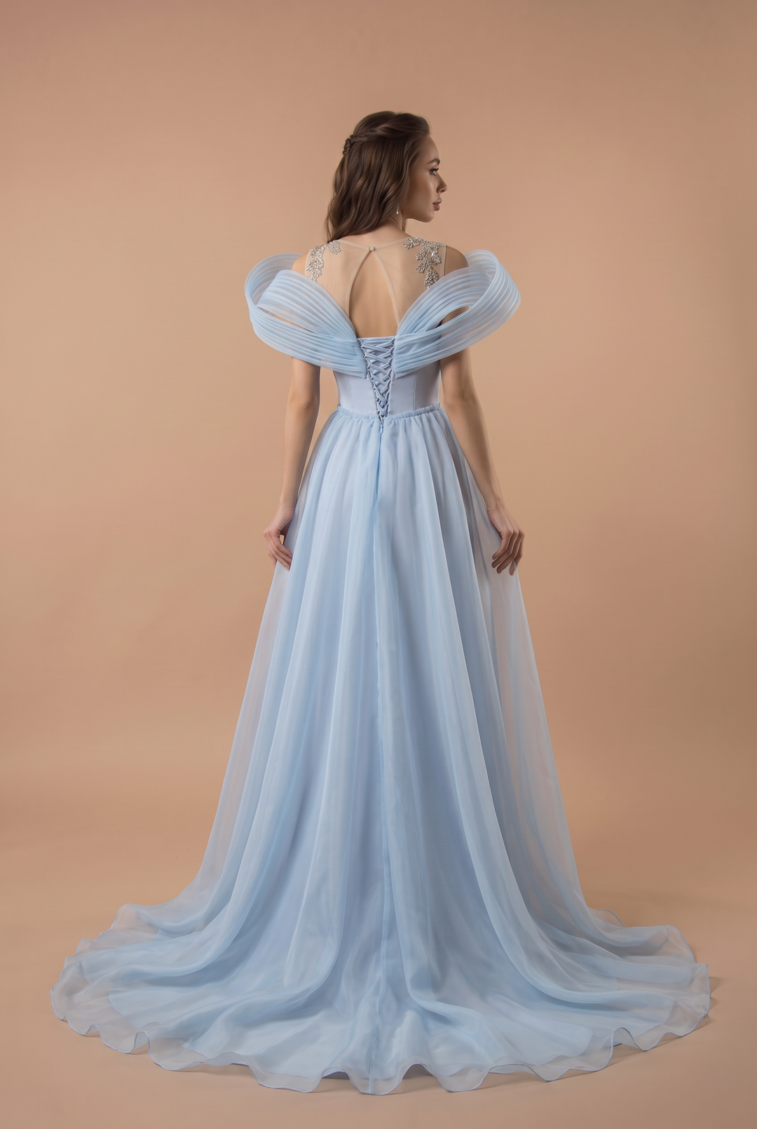 Blue Satin Evening Dress with Draped Off Shoulder Design and Crystal Embellished Ball Gown Plus Size