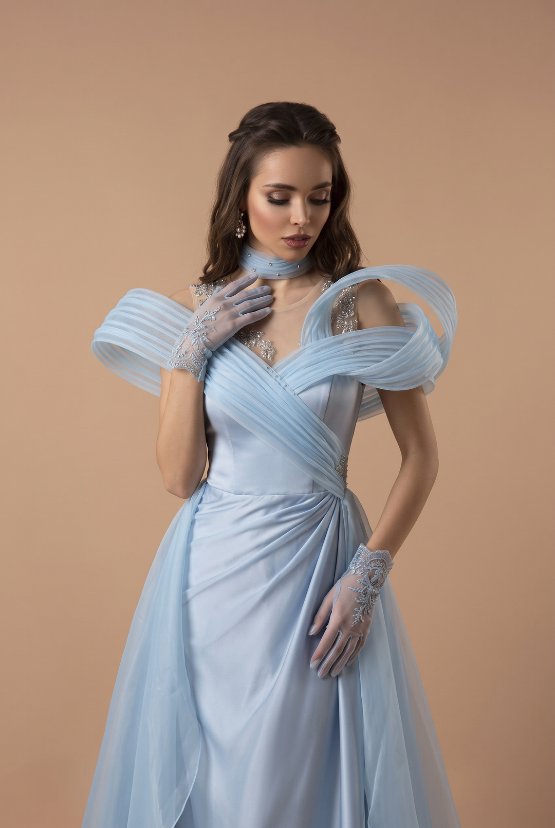Blue Satin Evening Dress with Draped Off Shoulder Design and Crystal Embellished Ball Gown Plus Size