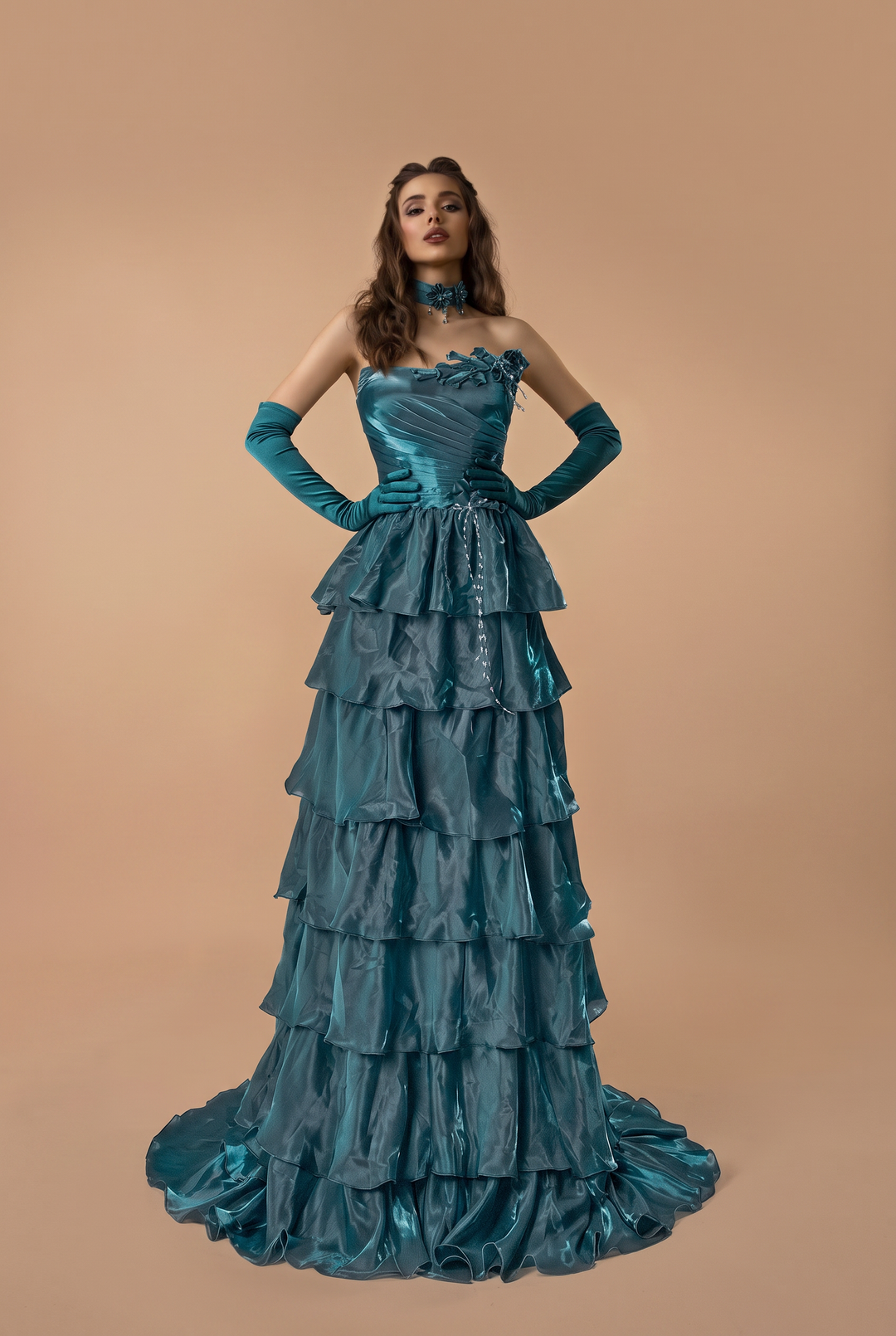 Blue Satin Evening Dress with Layered Ruffle Skirt and Floral Appliqué Ball Gown Plus Size