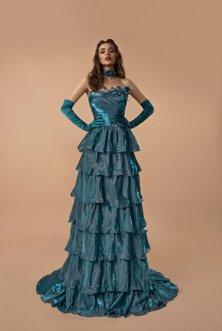 Blue Satin Evening Dress with Layered Ruffle Skirt and Floral Appliqué Ball Gown Plus Size