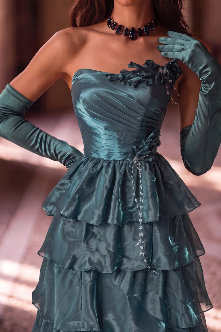 Blue Satin Evening Dress with Layered Ruffle Skirt and Floral Appliqué Ball Gown Plus Size