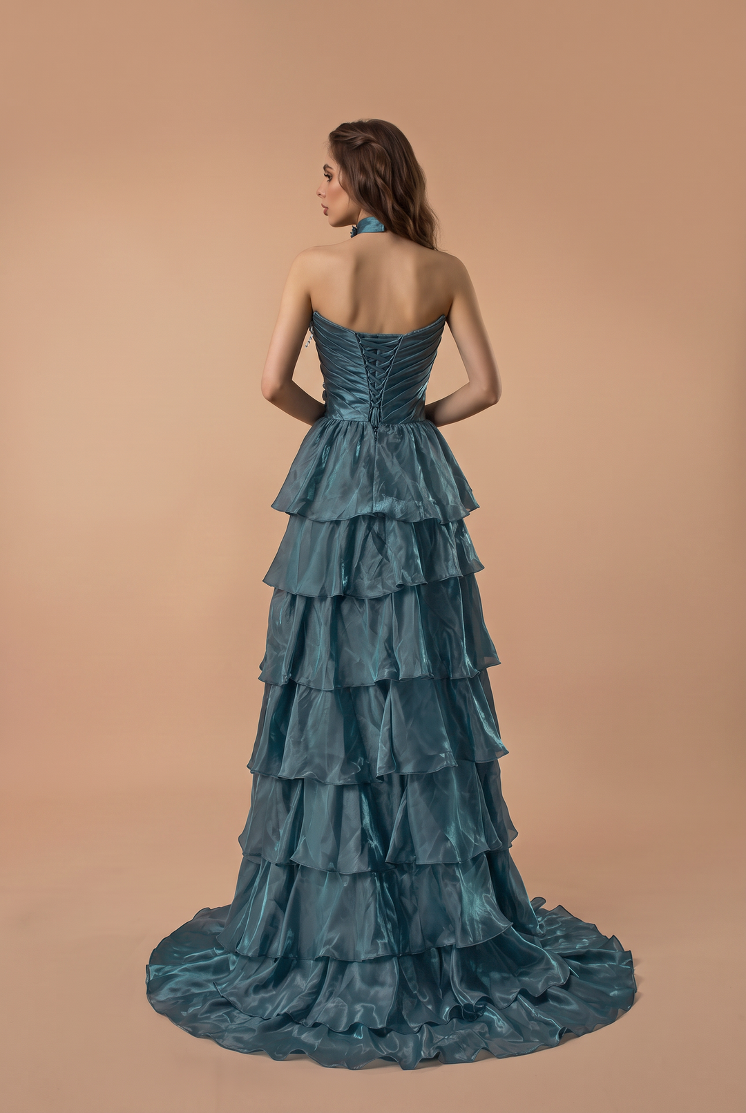 Blue Satin Evening Dress with Layered Ruffle Skirt and Floral Appliqué Ball Gown Plus Size