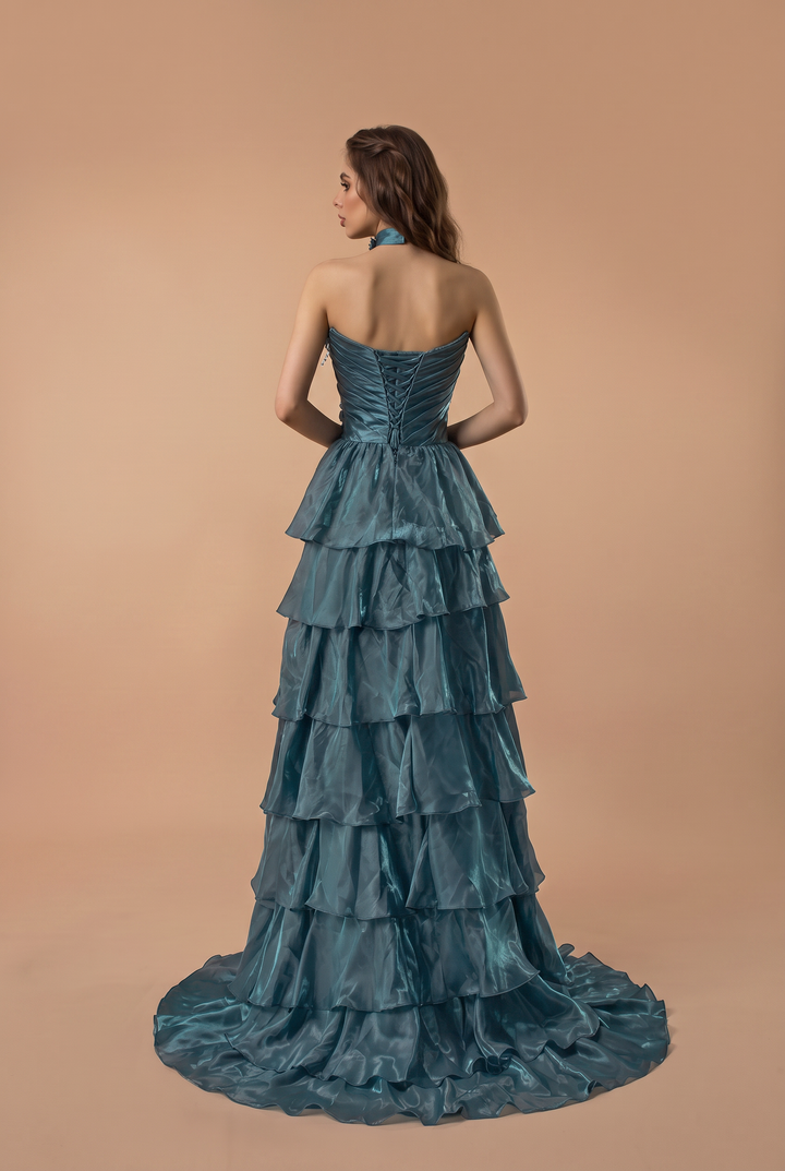 Blue Satin Evening Dress with Layered Ruffle Skirt and Floral Appliqué Ball Gown Plus Size