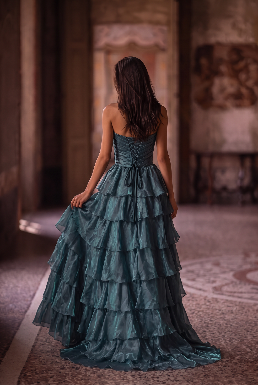 Blue Satin Evening Dress with Layered Ruffle Skirt and Floral Appliqué Ball Gown Plus Size