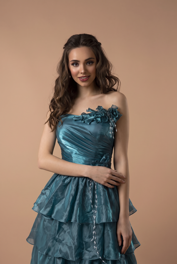 Blue Satin Evening Dress with Layered Ruffle Skirt and Floral Appliqué Ball Gown Plus Size