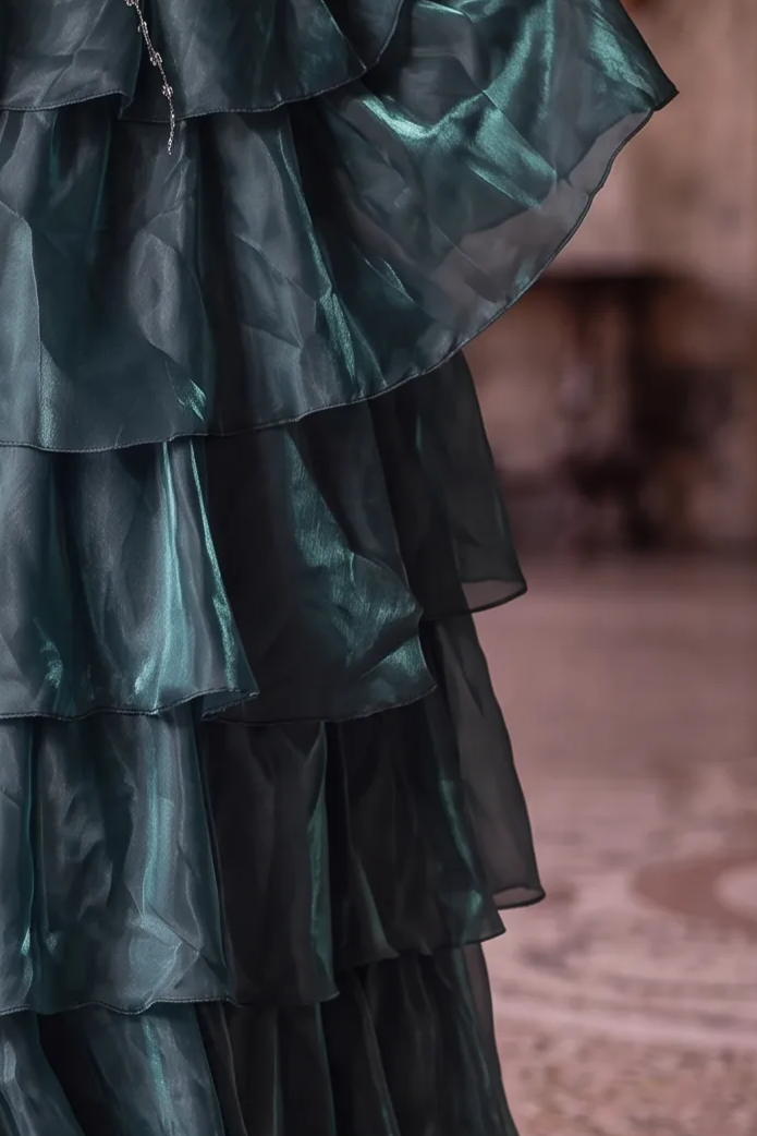 Blue Satin Evening Dress with Layered Ruffle Skirt and Floral Appliqué Ball Gown Plus Size