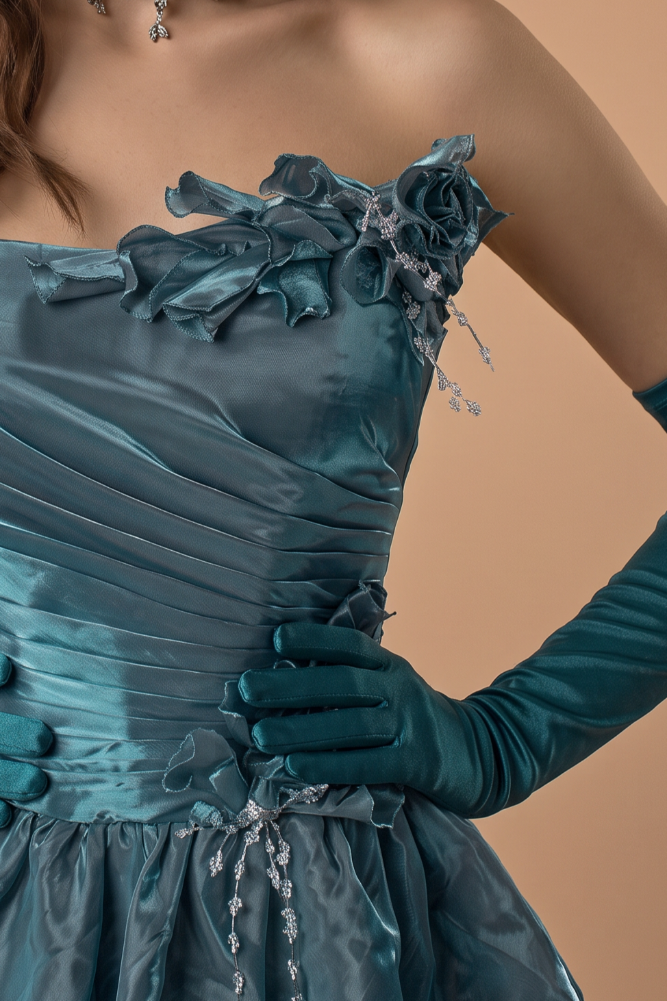 Blue Satin Evening Dress with Layered Ruffle Skirt and Floral Appliqué Ball Gown Plus Size