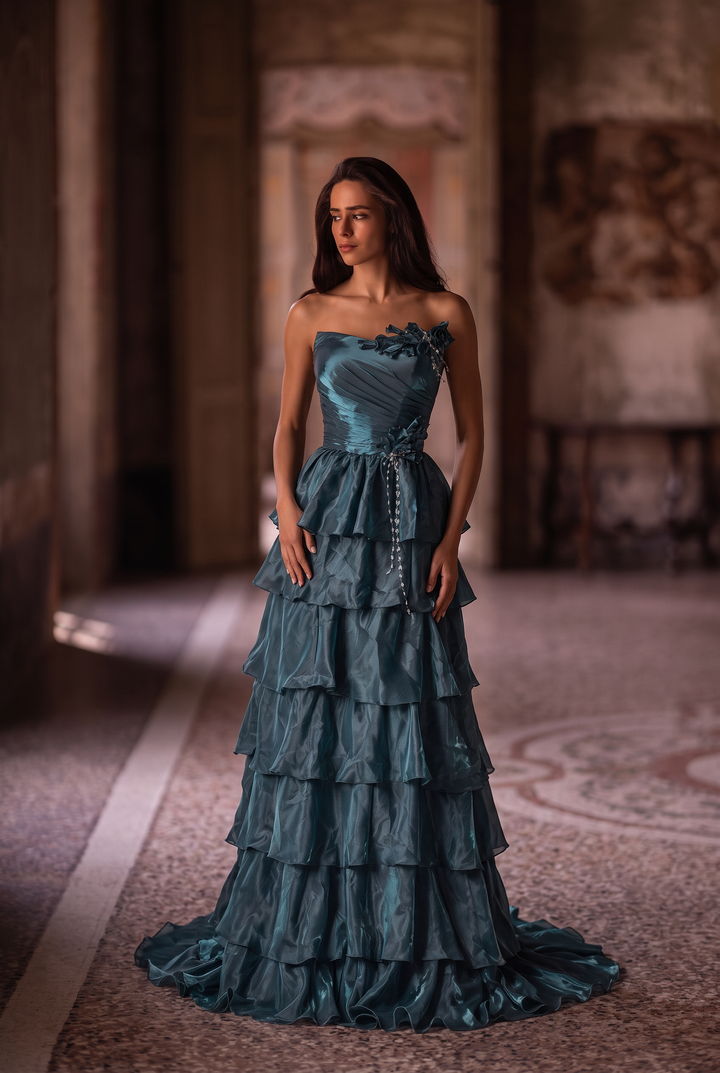 Blue Satin Evening Dress with Layered Ruffle Skirt and Floral Appliqué Ball Gown Plus Size