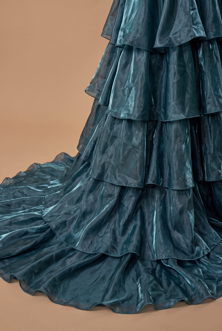 Blue Satin Evening Dress with Layered Ruffle Skirt and Floral Appliqué Ball Gown Plus Size
