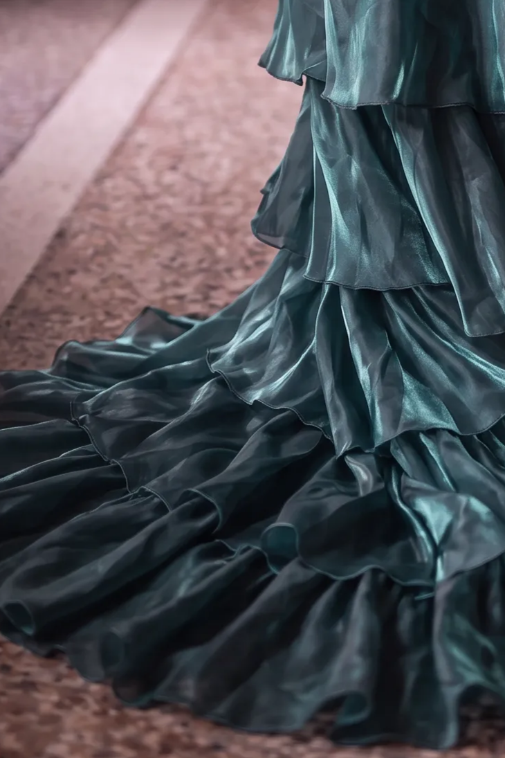 Blue Satin Evening Dress with Layered Ruffle Skirt and Floral Appliqué Ball Gown Plus Size