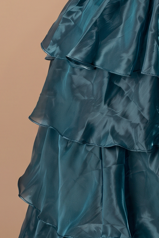 Blue Satin Evening Dress with Layered Ruffle Skirt and Floral Appliqué Ball Gown Plus Size