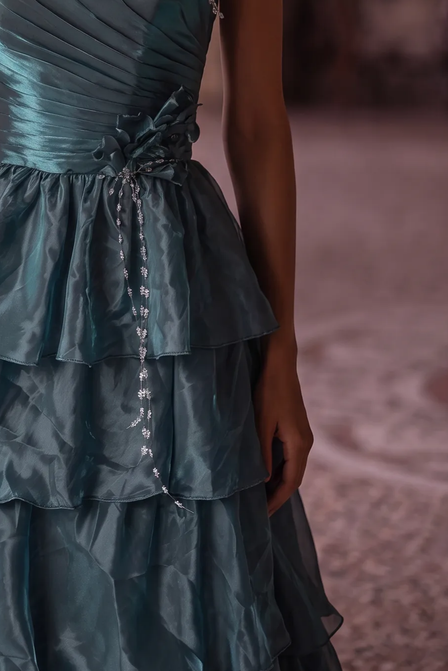Blue Satin Evening Dress with Layered Ruffle Skirt and Floral Appliqué Ball Gown Plus Size