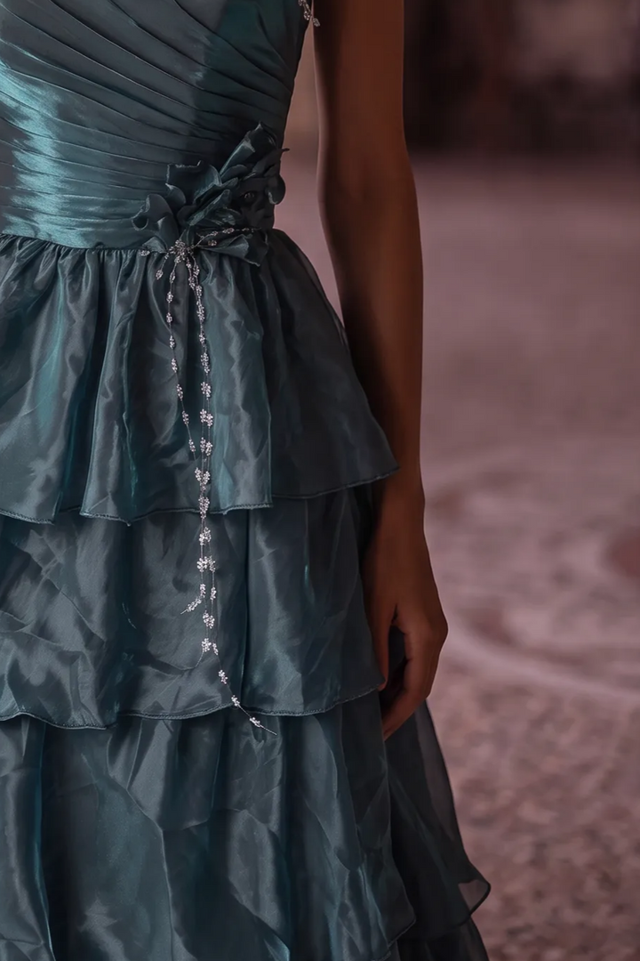 Blue Satin Evening Dress with Layered Ruffle Skirt and Floral Appliqué Ball Gown Plus Size