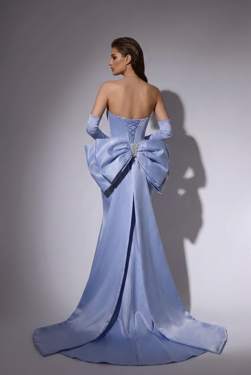 Blue Satin Mermaid Evening Gown with Oversized Bow Train – Strapless Formal Dress with Beaded Waist and Corset Back Plus Size