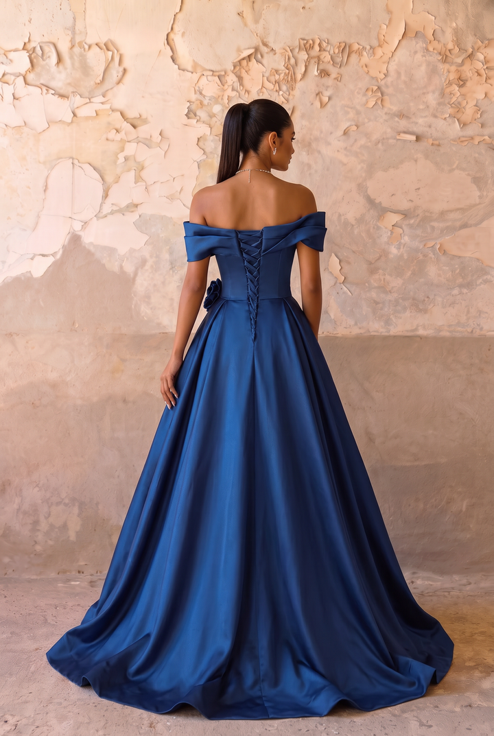 Blue Satin Off the Shoulder Ball Gown - Elegant A-Line Evening Dress with Draped Neckline and Floral Detail - Formal Dress Plus Size