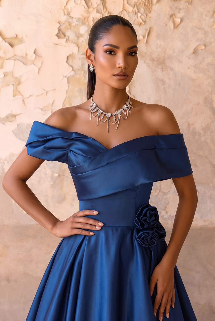 Blue Satin Off the Shoulder Ball Gown - Elegant A-Line Evening Dress with Draped Neckline and Floral Detail - Formal Dress Plus Size