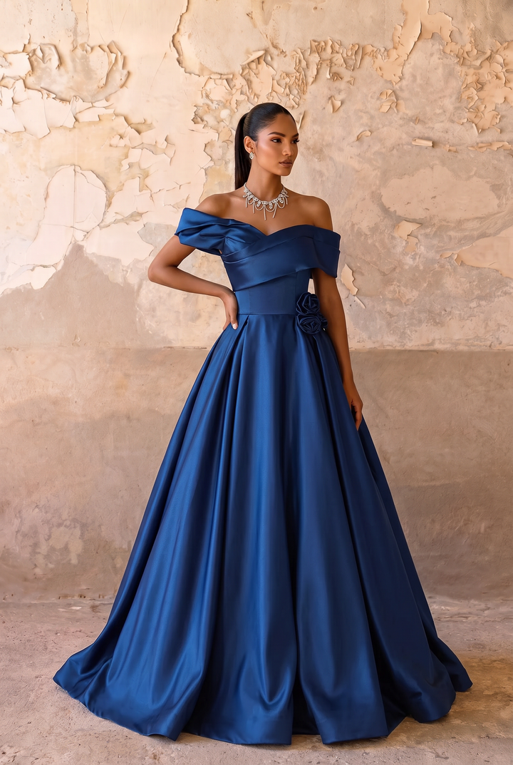 Blue Satin Off the Shoulder Ball Gown - Elegant A-Line Evening Dress with Draped Neckline and Floral Detail - Formal Dress Plus Size