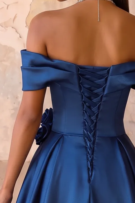 Blue Satin Off the Shoulder Ball Gown - Elegant A-Line Evening Dress with Draped Neckline and Floral Detail - Formal Dress Plus Size