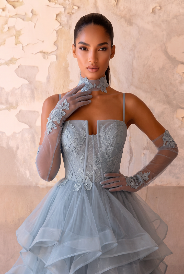 Blue Spaghetti Strap Gauze Prom Dress- Formal Dress Plus Size