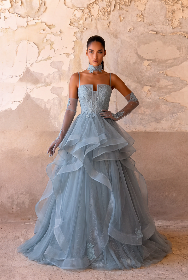 Blue Spaghetti Strap Gauze Prom Dress- Formal Dress Plus Size