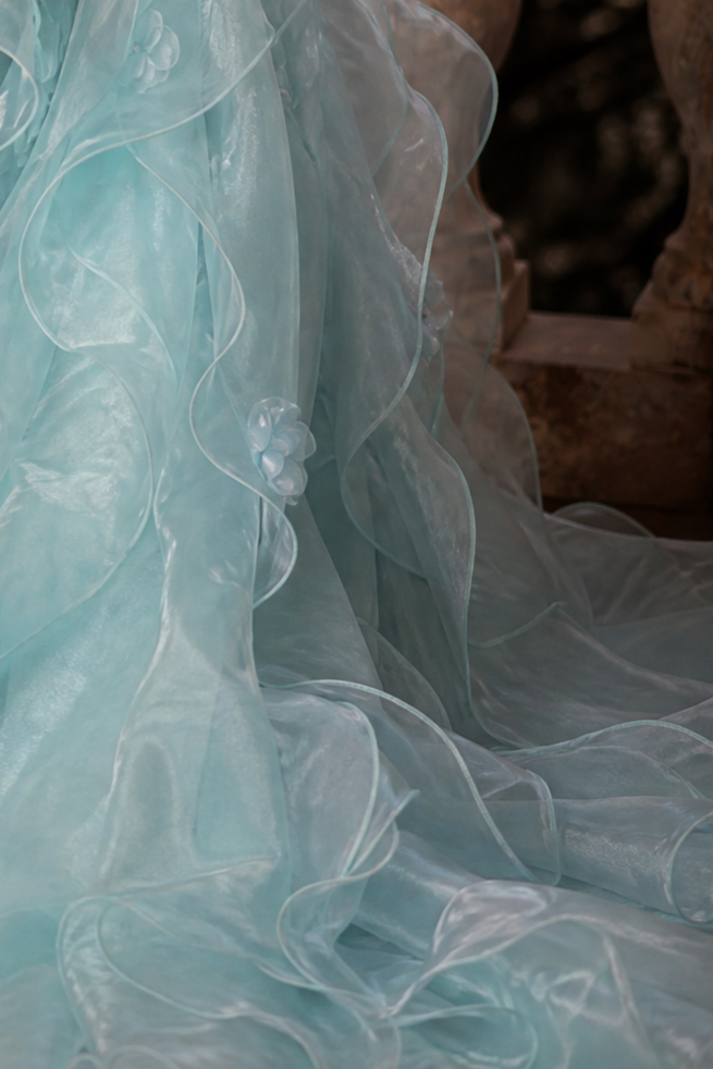 Blue Tulle Evening Dress with Floral Appliqué and Layered Ruffle Ball Gown Plus Size