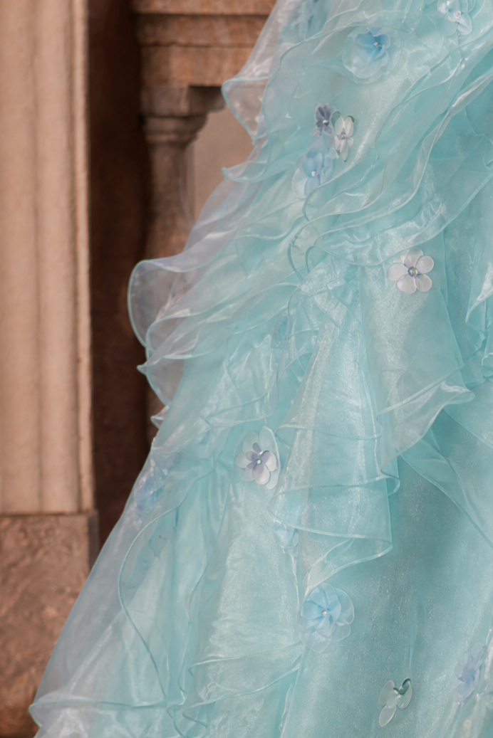Blue Tulle Evening Dress with Floral Appliqué and Layered Ruffle Ball Gown Plus Size