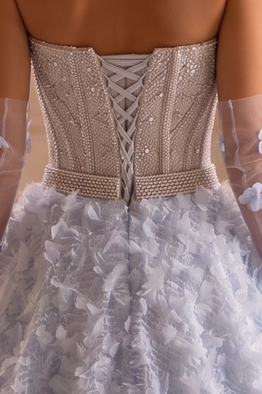 Blue Evening Dress with Beaded Corset – Strapless Layered Tulle Ruffle Dress Plus Size