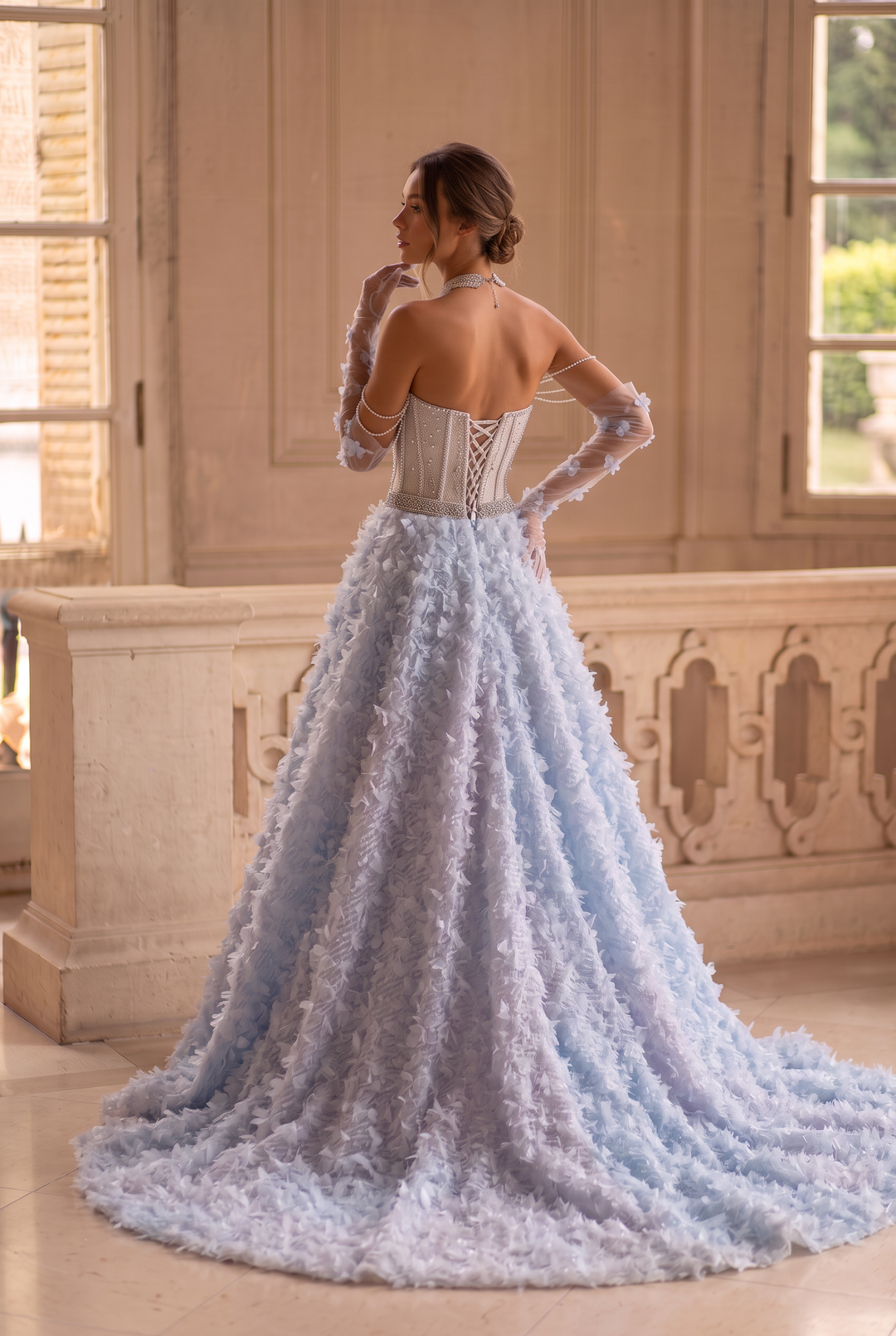 Blue Evening Dress with Beaded Corset – Strapless Layered Tulle Ruffle Dress Plus Size