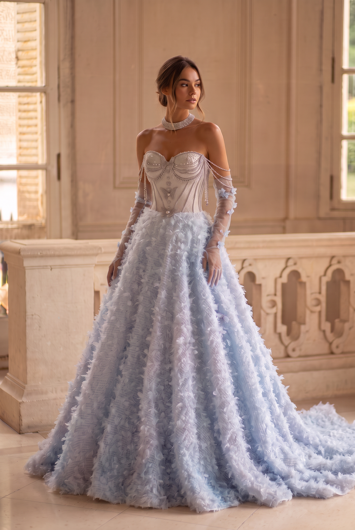 Blue Evening Dress with Beaded Corset – Strapless Layered Tulle Ruffle Dress Plus Size