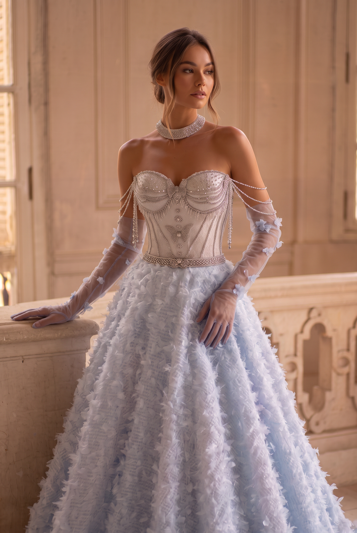 Blue Evening Dress with Beaded Corset – Strapless Layered Tulle Ruffle Dress Plus Size